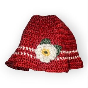 Crocheted Bucket Burgundy Knit Cap Hat Beanie w/ Flower - Adult